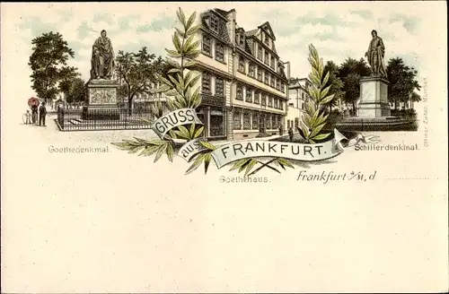 Litho Frankfurt am Main, Schillerdenkmal, Goethedenkmal, Goethehaus