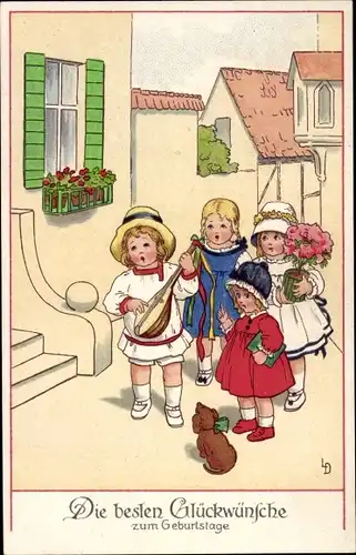 Künstler Ak Döring, Lia, Geburtstag, Kinder mit Blumen, Laute, Dackel, Meissner Buch 2301