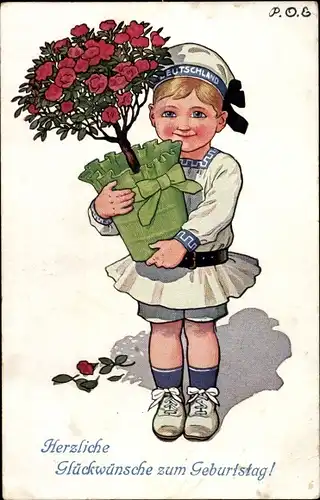 Künstler Ak Engelhard, P. O. E., Glückwunsch Geburtstag, Kind mit Blumentopf
