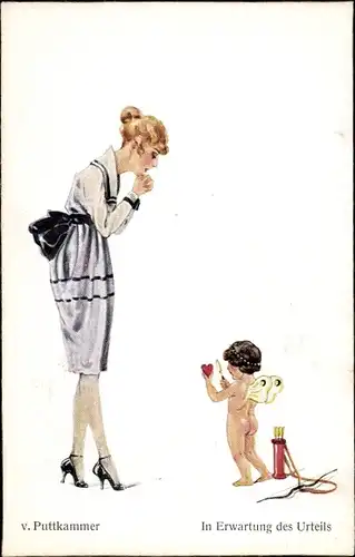 Künstler Ak von Puttkammer, In Erwartung des Urteils, Amor, Liebesengel betrachtet Herz mit Lupe