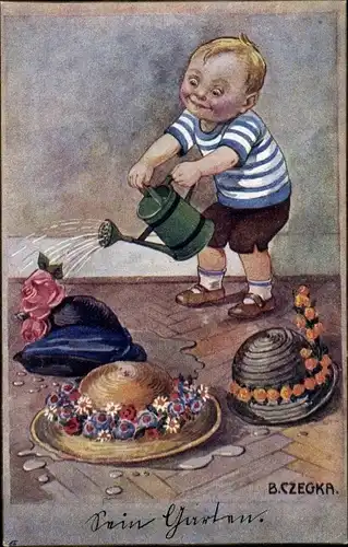 Künstler Ak Czegka, Bertha, Sein Garten, Junge gießt blumengeschmückte Hüte, Gießkanne
