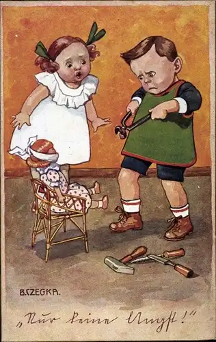 Künstler Ak Czegka, Bertha, Nur keine Angst, Junge mit Werkzeugen, Puppe