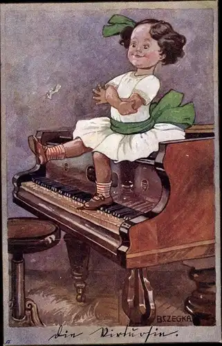 Künstler Ak Czegka, Bertha, Die Virtuosin, Mädchen spielt mit den Füßen Klavier