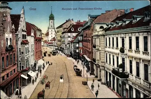 Ak Graz Steiermark, Murplatz und Franziskaner-Kirche