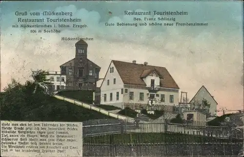 Ak Komáří hůrka Mückenberg im Erzgebirge Region Aussig, Mückentürmchen, Rest. Touristenheim