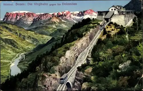 Ak Bozen Bolzano Südtirol, Die Virglbahn gegen die Dolomiten