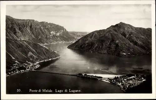 Ak Melide Lago di Lugano Kanton Tessin, Ponte de Melide, Berge, See