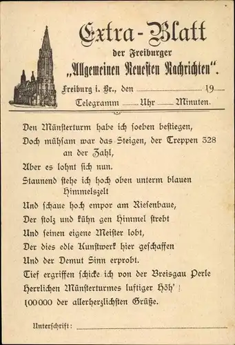 Ak Freiburg im Breisgau, Münster, Extra Blatt der Freiburger Allgemeinen Neuesten Nachrichten