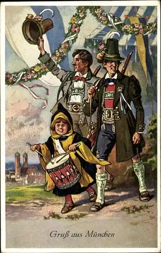 Künstler Ak München, Männer in Tracht, Münchner Kindl