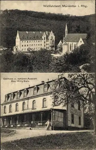 Ak Marienthal Geisenheim am Rhein Hessen, Gasthof zur schönen Aussicht, Besitzer Willy Gietz, Kirche