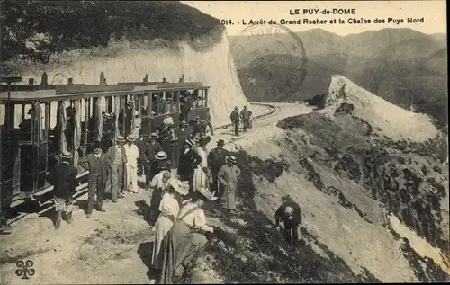 Ak Puy de Dôme, L'Arret du Grand Rocher et la Chaine des Puys Nord, Bergbahn