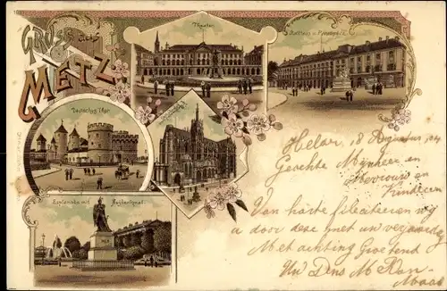 Litho Metz Moselle, Deutsches Tor, Theater, Esplanade mit Neydenkmal, Stadthaus, Paradeplatz