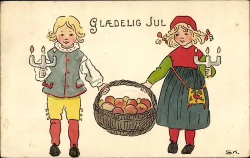 Künstler Ak Kock, S., Glückwunsch Weihnachten, Kinder, Kerzen, Korb mit Früchten