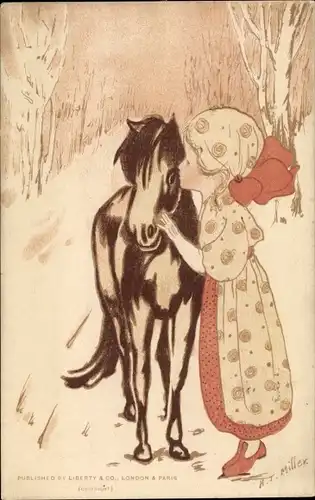 Künstler Ak Miller, H. T., Mädchen und Pony, Winter, Schnee, Wald
