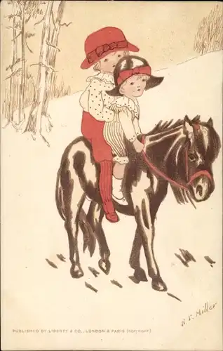Künstler Ak Miller, H. T., Zwei Mädchen auf Pony reitend