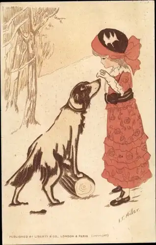 Künstler Ak Miller, H. T., Mädchen mit Hund, Holzstück, Rotes Kleid