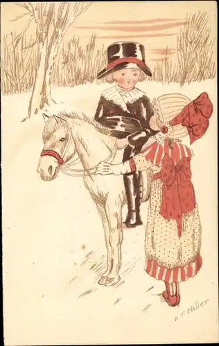 Künstler Ak Miller, H. T., Junge auf Pony reitend, Mädchen