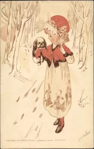 Künstler Ak Miller, H. T., Mädchen und sein Hund im Wald, Spaziergang
