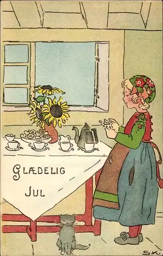 Künstler Ak Kock, S., Glückwunsch Weihnachten, Mädchen am Tisch, Tee, Hauskatze, Sonnenblume