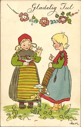 Künstler Ak Kock, S., Glückwunsch Weihnachten, Zwei Mädchen, Blumen