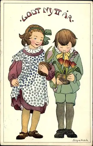 Künstler Ak Kock, S., Glückwunsch Neujahr, Kinder, Geschenke, Blumen, Tulpen
