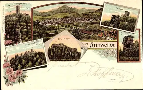 Litho Annweiler am Trifels Pfalz, Trifels, Anebos, Burgruine Scharfenberg, Gesamtansicht