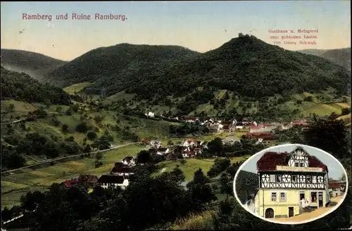 Ak Ramberg in der Pfalz, Gesamtansicht, Ruine Ramburg, Gasthaus und Metzgerei zum goldenen Lamm