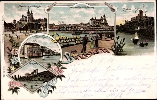 Litho Breisach am Oberrhein, Marktplatz, Münster, Limburg, Rheintor, Schiffbrücke