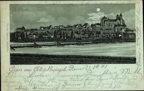 Mondschein Ak Breisach am Oberrhein, Altstadt, Panorama mit Brücke