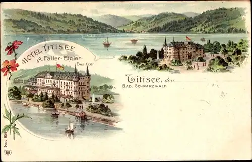 Litho Titisee Neustadt im Breisgau Hochschwarzwald, Hotel, Bes. A. Faller Eigler, Landschaftsblick