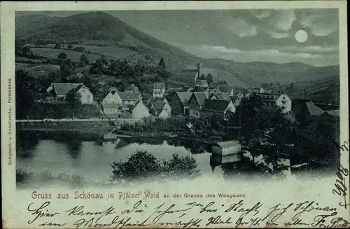 Mondschein Ak Schönau im Pfälzer Wald, Ort mit Umgebung, Teich, an der Grenze des Wasgaues