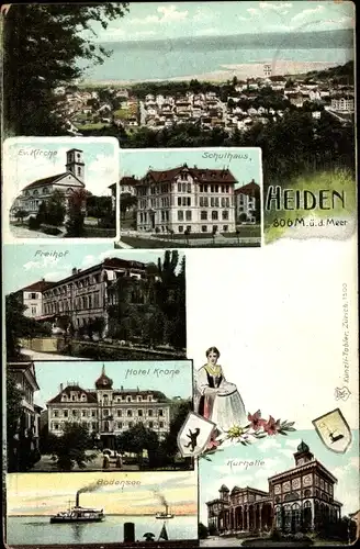 Ak Heiden Kanton Appenzell Außerrhoden, Hotel Krone, Schulhaus, evang. Kirche, Bodensee, Kurhalle