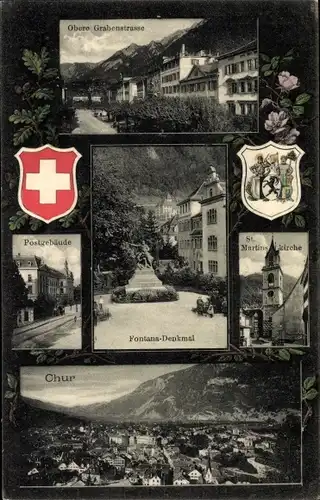 Ak Chur Kanton Graubünden, Obere Grabenstraße, Post, Fontana Denkmal, St. Martinskirche, Wappen