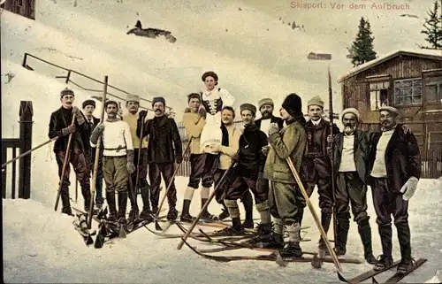 Ak Skisport, Vor dem Aufbruch, Skifahrer, Winterszene, Holzhütte