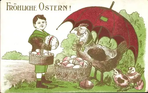 Ak Glückwunsch Ostern, Kind, Hühner, Regenschirm, Küken, Ostereier
