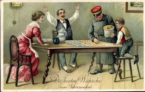 Präge Ak Glückwunsch Neujahr, Geld, Münzen, Scheine, Briefträger