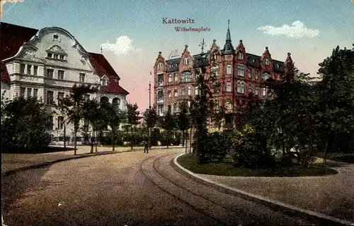 Ak Katowice Kattowitz Oberschlesien, Wilhelmsplatz, Gleise, Gebäude