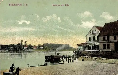Ak Schönebeck an der Elbe, Partie an der Elbe, Gasthaus, Geschäft von G. Crackau