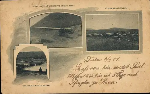 Ganzsachen Ak Natal Südafrika, Native Kraal, naval gun at Ladysmith during Siege, transport wagon
