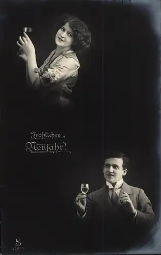 Ak Glückwunsch Neujahr, Mann und Frau, Sektglas