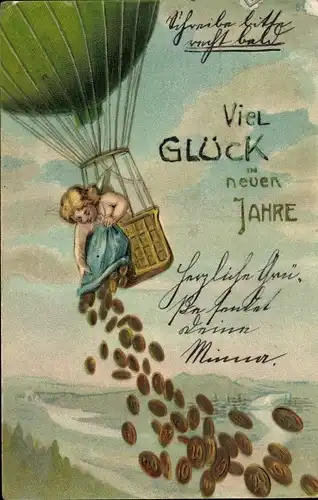 Präge Ak Glückwunsch Neujahr, Ballon, Engel, Goldene Münzen