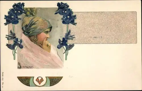 Jugendstil Künstler Litho  Kempf, C. Th., Frauenbildnis, Blumen