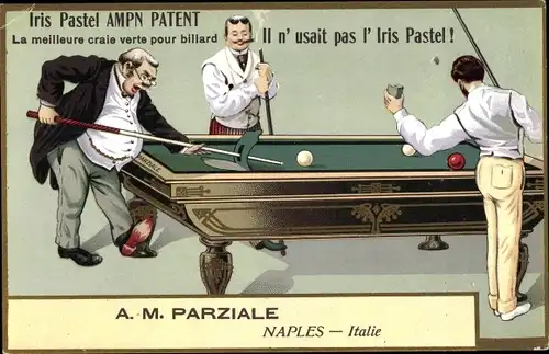 Litho Iris Pastel grüne Billardkreide, A. M. Parziale, Neapel, Männer spielen Billard