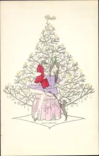 Künstler Ak Köhler, Mela, Glückwunsch Weihnachten, Mädchen mit Puppe vor einem Weihnachtsbaum