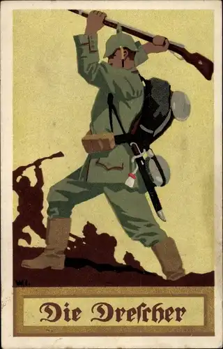 Steindruck Ak Die Drescher, Infanteriesoldat schlägt mit Gewehr auf Feinde ein, I. WK, Rotes Kreuz