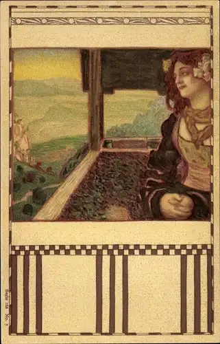 Jugendstil Künstler Ak Portrait einer Frau auf einem Balkon