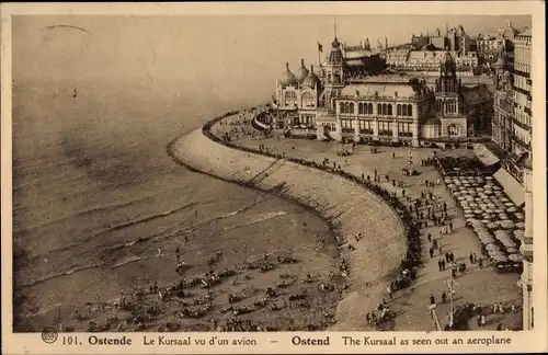 Ak Oostende Ostende Westflandern, Le Kursaal vu d'un avion, Strand, Luftaufnahme