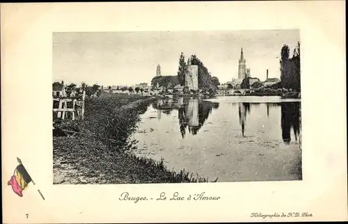 Ak Bruges Brügge Flandern Westflandern, Le Lac d'Amour, Kirchturm