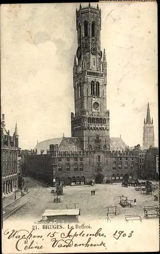 Ak Bruges Brügge Flandern Westflandern, Le Beffroi, Turm, Platz