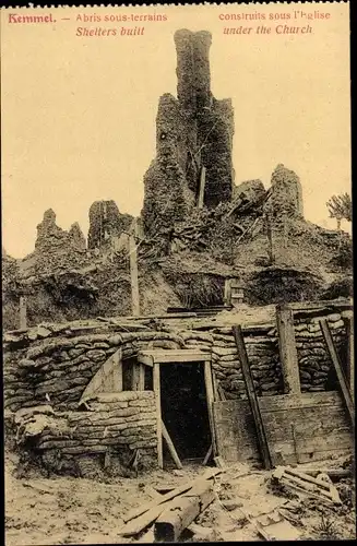 Ak Kemmel Heuvelland Westflandern, Abris sous-terrains construits sous l'Eglise, zerstörte Kirche